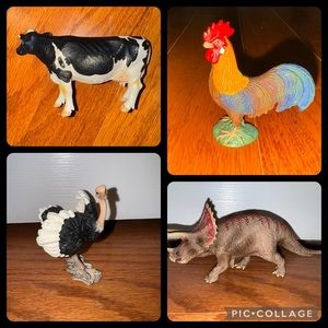 Schleich Play Animal Lot Farmland Holstein Cow & Rooster Ostrich Dinosaur